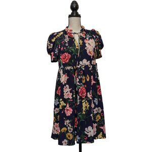 Vince Camuto Size 0 Pebble Crepe High Neck Floral Mini Short Sleeve Ruffle Dress